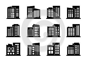 Company icons and black vector buildings set,  Isolated office collection on white background