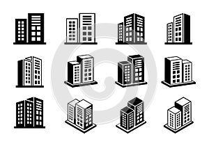 Company icons set on white background, 3D buildings vector collection, Perspective bank and office illustration