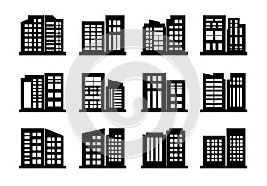 Company icons and vector buildings set, Black office collection on white background