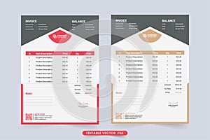 Company Invoice template design with red and brown colors. Payment receipt and purchase bill for corporate business organization.