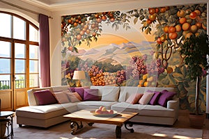 Company living room of Provencal Style Bold Wall Murals. AI Generated