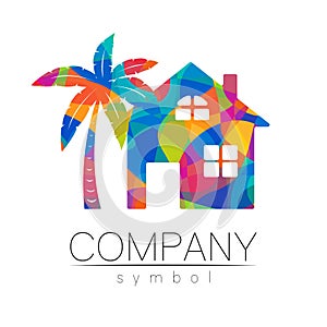 Company Logo Vector House Icon for Branding Real Estate Symbol Building and Apartment Rent Concept Sign with palm tree