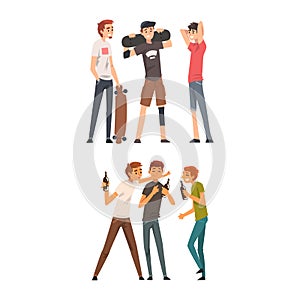 Company of Man Friends Spending Time Together Skateboarding and Drinking Beer Vector Set