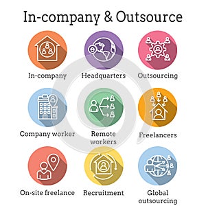 In-Company and Outsource Icon Set with headquarters, and freelancers, etc