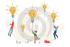 Company of people holding a thread from a light bulb, moving towards goals and ideas