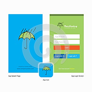 Company Raining and Umbrella Splash Screen and Login Page design with Logo template. Mobile Online Business Template