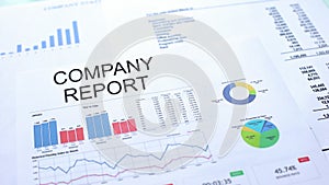 Company report lying on table, graphs charts and diagrams, official document