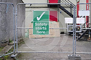 Safety At Work Place Starts Here Sign At Construction Building Site
