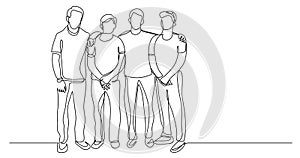 Company of teenagers standing together as friends - one line drawing