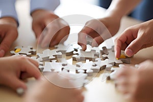 company workers assembling pieces of jigsaw puzzle in work meeting, team building concept. AI Generated