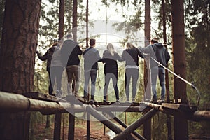 company workers having team building competition in forest. AI Generated