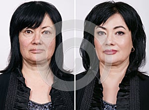 Comparative portrait of mature woman with and without makeup