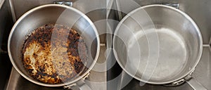 Compare burnt pan image before and after cleaning the unclean able stained pot from burnt cooking pot. The dirty stainless steel p photo