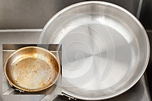 Compare burnt pan image before and after cleaning the unclean able stained pot from burnt cooking pot. The dirty stainless steel p