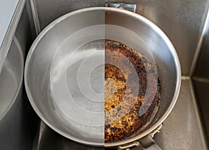 Compare burnt pan image before and after cleaning the unclean able stained pot from burnt cooking pot. The dirty stainless steel p photo