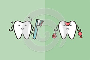 Compare of healthy white tooth with brushing teeth and unhealthy decayed tooth from sweet and candy - dental cartoon vector flat s