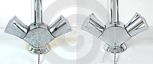 Compare image before- after cleaning with special detergent of the dirty stainless faucet cover with dirty hard calcium water stai photo