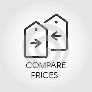 Compare prices icon drawing in line design. Financial comparison outline pictogram. Price-tag with arrow label