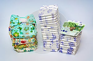 Compare reusable cloth diapers with pile of disposable diapers