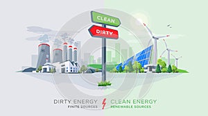 Comparing Clean Renewable and Dirty Polluting Energy Plants with photo