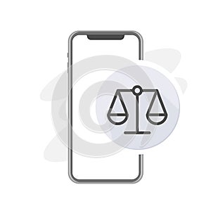 comparing icon, scales line symbol on smartphone, justice symbol, weight balance, sign of law, vector illustration