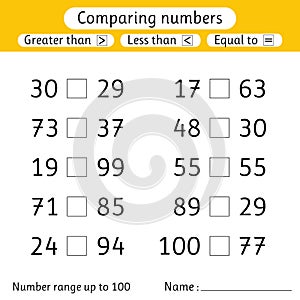 Comparing numbers. Less than, greater than, equal to. Number range up to 100. Elementary school. Worksheet for kids photo