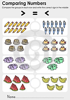 Comparing Numbers worksheet for education. - Compare the groups in each row and write the correct sign in the middle.
