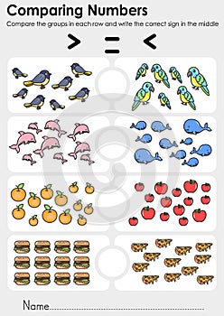 Comparing Numbers worksheet for education. - Compare the groups in each row and write the correct sign in the middle. photo