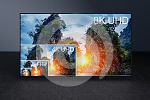 Comparing TV resolutions on television screen. TV ultra HD resolution. 8K resolutions compare on oled tv. Watching television in