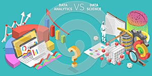 Comparison of Data Analytics and Data Science. 3D Isometric Flat Vector Illustration.