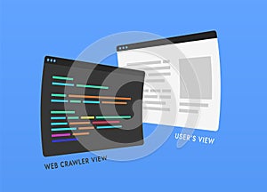 Comparison and difference in how search engine crawler spider bot and user sees web page. Crawler bot scans website as