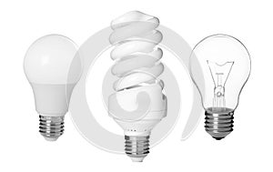 Comparison of different light bulbs on white background, collage