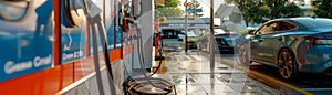 In this comparison, an electric vehicle charging station compares to an old fuel nozzle at a gas station that uses dual