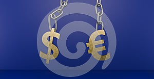 Comparison euro and dollar exchange rates. Gold euro and dollar symbols on chains, EURO currency versus Dollar, EURO vs Dollar, 3D