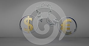 Comparison euro and dollar exchange rates. Gold euro and dollar symbols on chains, EURO currency versus Dollar, EURO vs Dollar, 3D