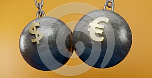 Comparison euro and dollar exchange rates. Gold euro and dollar symbols on chains, EURO currency versus Dollar, EURO vs Dollar, 3D