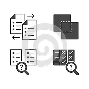 Comparison flat glyph icons. Vector illustration included icon as compare files, options, silhouette pictogram of price photo