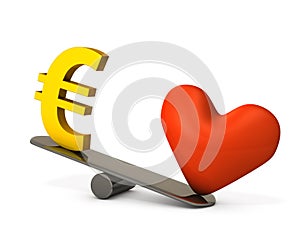 Comparison of heart symbol and euro currency symbol. A concept that expresses idealism that emphasizes love and emotions rather photo