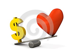 Comparison of the importance of the heart symbol and the dollar symbol. A concept that expresses money worship, which emphasizes