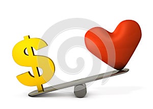 Comparison of the importance of the heart symbol and the dollar symbol. A concept that expresses money worship, which emphasizes