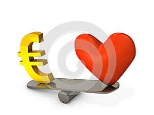 Comparison of the importance of the heart symbol and the euro currency symbol. A concept that expresses realism that emphasizes