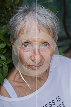 Comparison. Portrait of beautiful elderly lady in her garden with face showing signs of age and clean skin