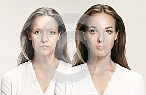 Comparison. Portrait of beautiful woman with problem and clean skin, aging and youth concept, beauty treatment