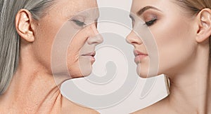 Comparison. Portrait of beautiful woman with problem and clean skin, aging and youth concept, beauty treatment