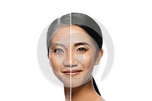 Comparison. Portrait of beautiful woman with problem and clean skin, aging and youth concept, beauty treatment and