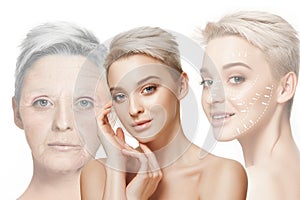 Comparison. Portrait of beautiful woman with problem and clean skin, aging and youth concept, beauty treatment and