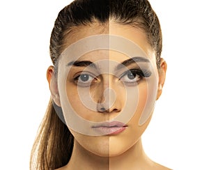 Comparison portrait of a woman without and with makeup