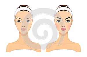 Comparison Portrait of a Young Beautiful Girl without and with Makeup on a White Background. Vector