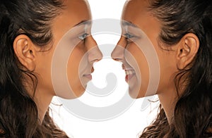 Comparison portrait of young latin woman before and after nose job