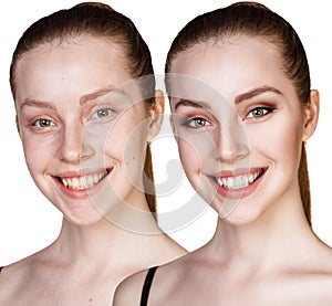 Comparison portrait of young woman before and after makeup.